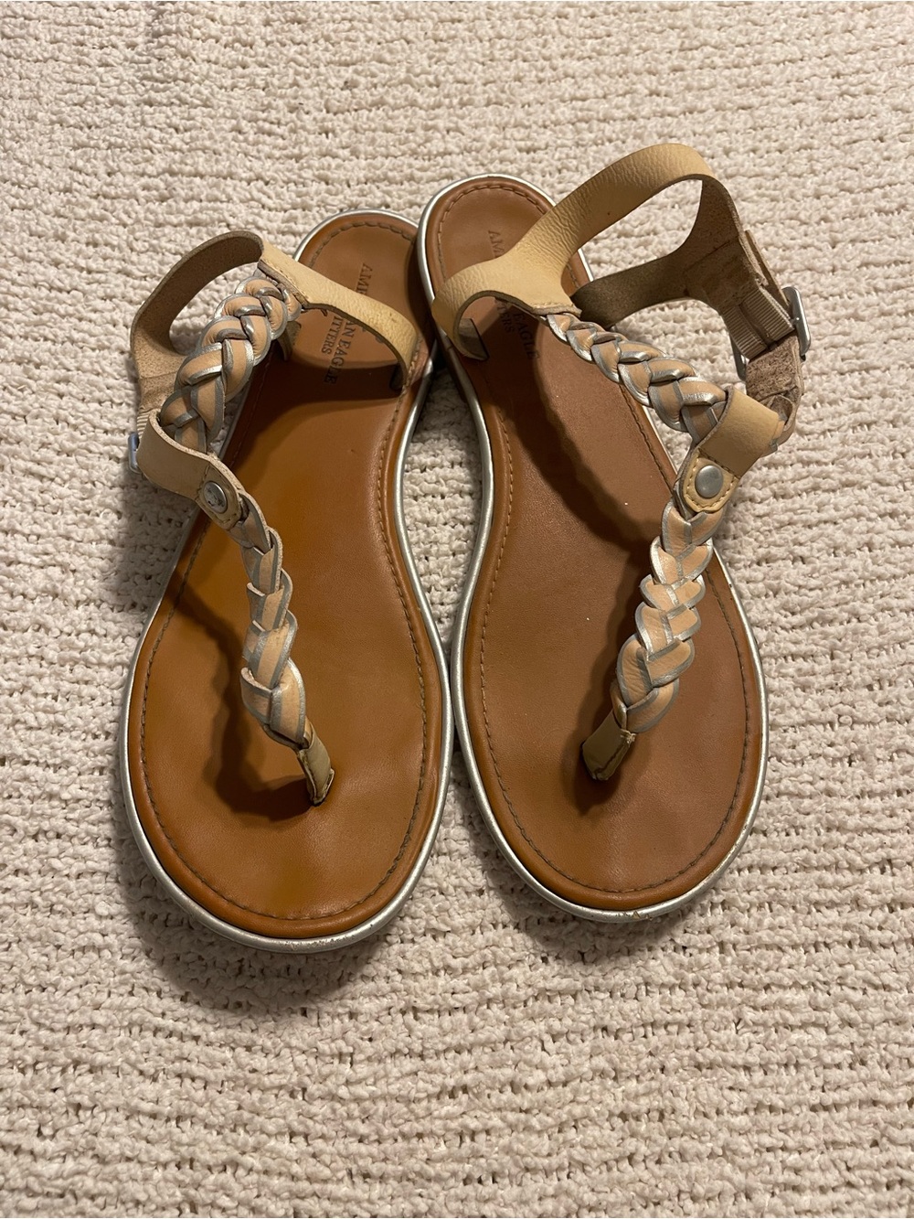 American Eagle Outfitters Braided Tan and Brown T-Strap Sandals